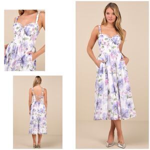 Lulus Hillela Dress Women's L Ivory Floral Midi Ruffled Lace Up NWT